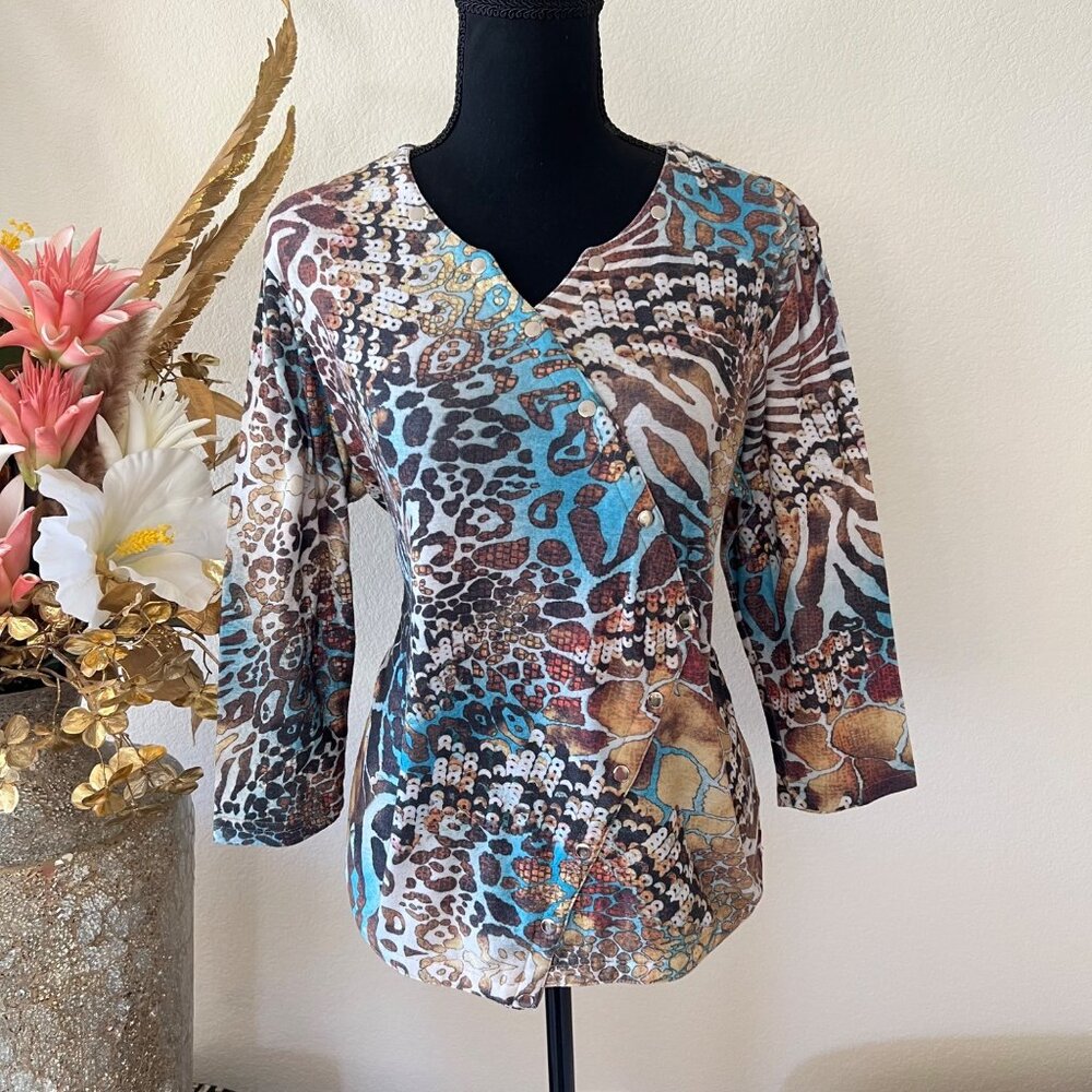 Y2K Asymmetrical Zebra & Cheetah Print Flowy V-Neck Top Brown Blue